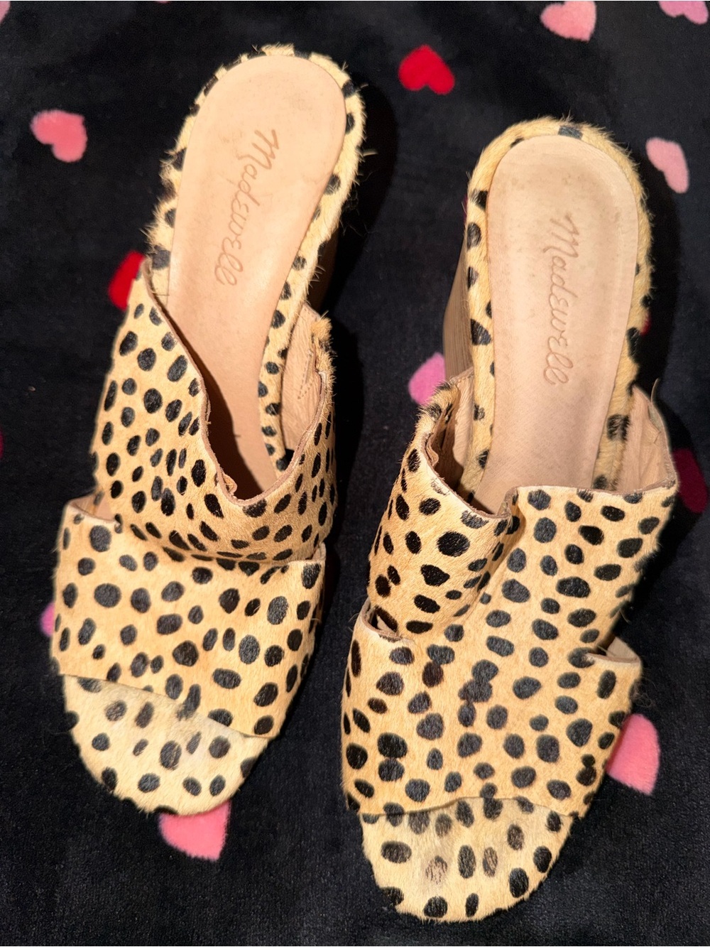 Madewell Leopard Print Haircalf Slide Mules in Tan and Black